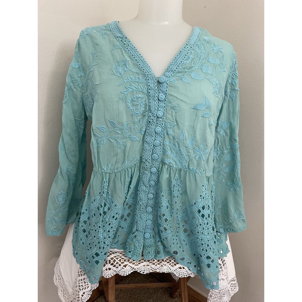 Johnny Was Ingrid Reveka Blouse In Marine-Blue Sz XS Boho Floral Embroidery
